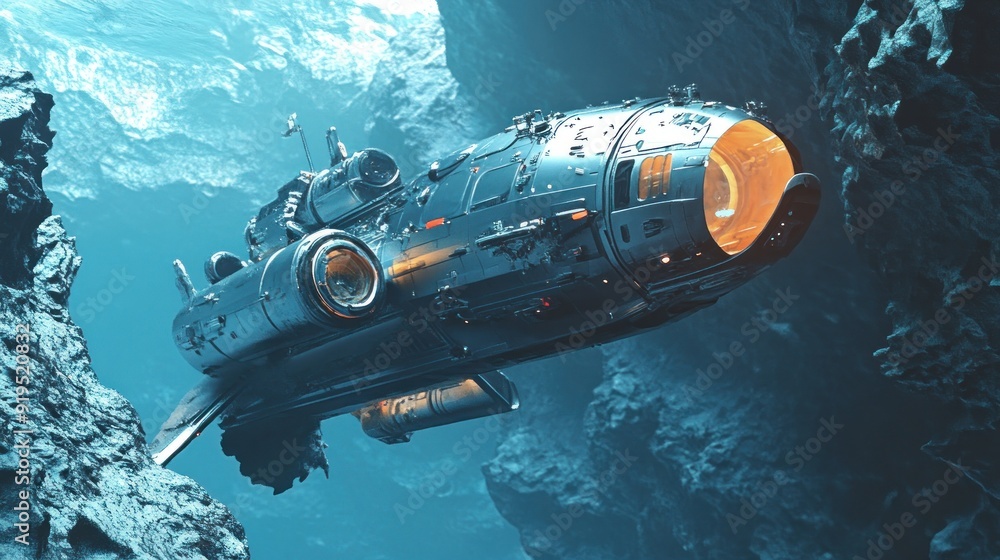 Poster futuristic spaceship navigating through a rocky space environment