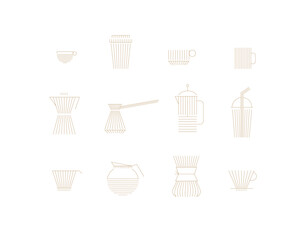 Coffee linear icon set cup, glass, french press, maker, filter, drip, turk, pot drawn with flat beige lines on white background