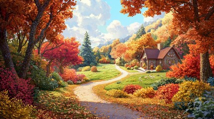 Obraz premium A detailed painting of a fall landscape with vibrant foliage