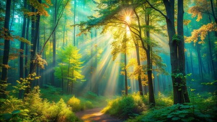 Obraz premium Soft, feathery brushstrokes of sunlight filter through a vibrant tapestry of emerald foliage, casting a serene, dreamy ambiance in this enchanting impressionistic forest scene.