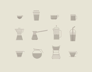 Coffee linear icon set cup, glass, french press, maker, filter, drip, turk, pot drawn with brown flat lines on beige background