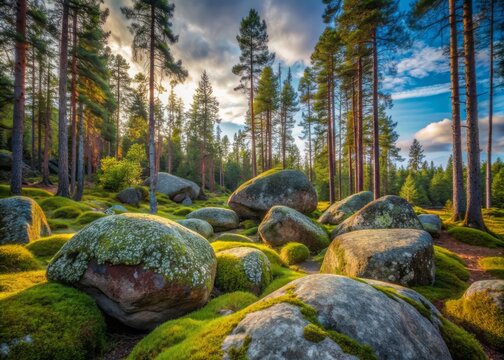 Majestic granite boulders scattered across a serene, moss-covered forest floor in Finland's countryside, showcasing the region's unique glacial geological formations and natural beauty.