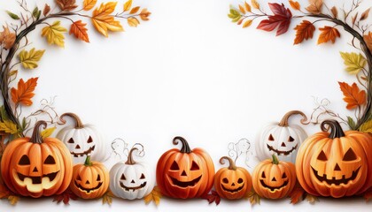 Halloween flat lay border with pumpkins and leaves on white background. Happy halloween banner mockup. graphic art illustration