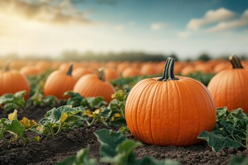 A pumpkin patch bathed in the warm glow of autumn sunlight, celebrating the first day of fall with vibrant colors, First Day of Fall, autumn harvest