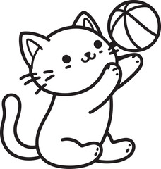 Silhouette vector illustration of cute cat playing with a ball outline. Kitten playing with ball.