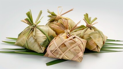Ketupat pouches on white background a traditional Indonesian dish