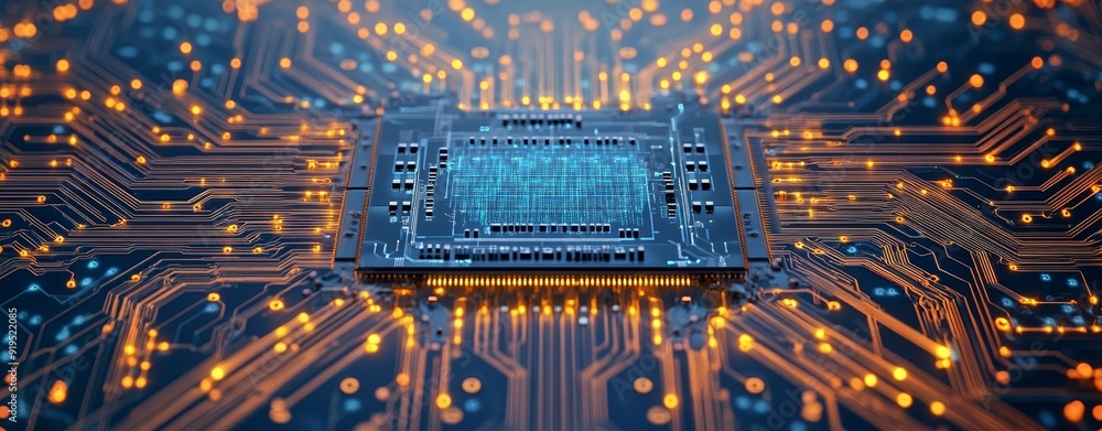 Poster an illustration of a motherboard in 3d. an illustration of digital circuits. an illustration depicti