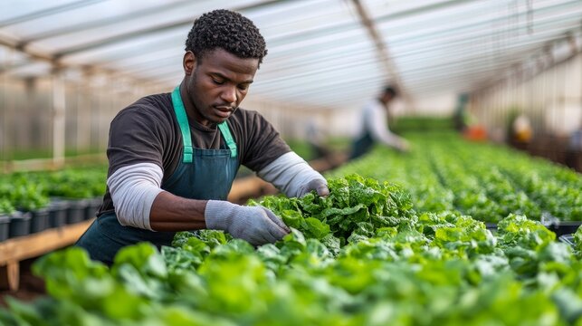 Worker inspects green lettuce crop for damage or pests in a greenhouse. Diverse organic farm workers working in a hydroponic environment for bio-vegetables.