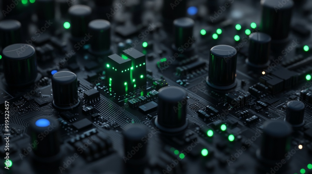 Poster metallized plates and particles form an abstract background of high tech digital technology.