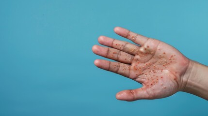 Male hands showing rash due to Pox viral infection Skin with painful red blisters Health issue on palm Copy space Allergic reaction skin inflammation Dengue fever