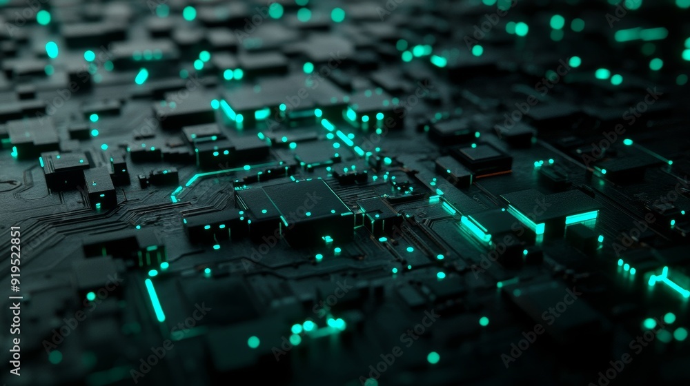 Poster particle and metallic plate background of digital technology with high tech elements.