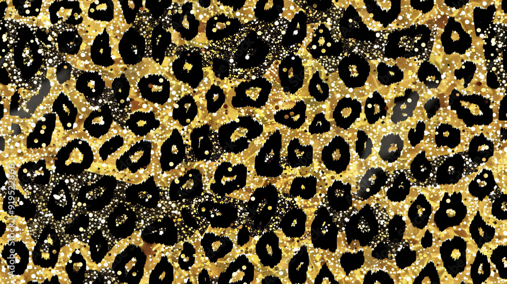 Poster Luxurious and glamorous seamless leopard print pattern with golden hues and black spots on shimmering gold background
