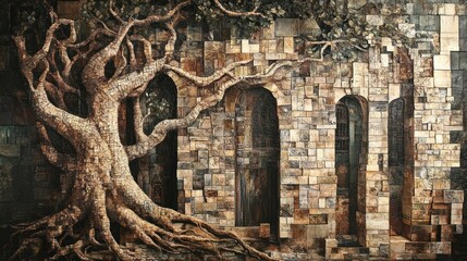 Obraz premium Ancient Tree Roots Encircling Stone Archway