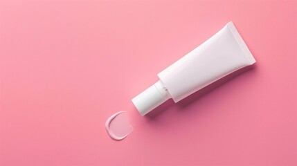 Minimalist flat lay with white eye cream tube on pink background