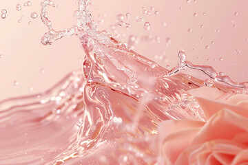 Close up pink rose champagne splash motion on pink background. Celebration toast festive rose gold pink champagne splashing wine sparkle.