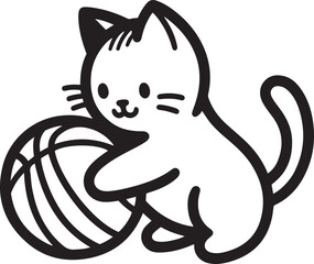 Silhouette vector illustration of cute cat playing with a ball outline. Kitten playing with ball.