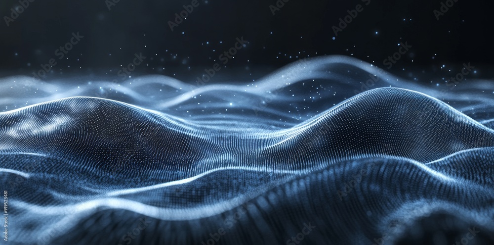 Poster technology particle background design with green and blue lines flowing on black background.