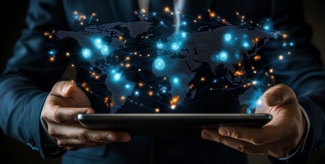 Businessman touching a digital map with global network and connectivity