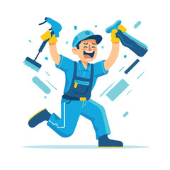 A simple flat illustration of an happy japanese man wearing blue uniform and cap, holding cleaning tool like sugs up high in the air , Minimalist style on white background with bright colors
