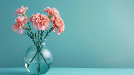 Fototapeta premium Pink carnation flowers in vase on blue background Suitable for various occasions