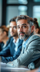 Fototapeta premium A man with a beard and gray hair is sitting in a room with other people
