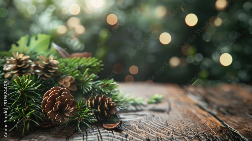 Poster new year background with wooden table adorned with green leaves and pine cone in soft lighting natur