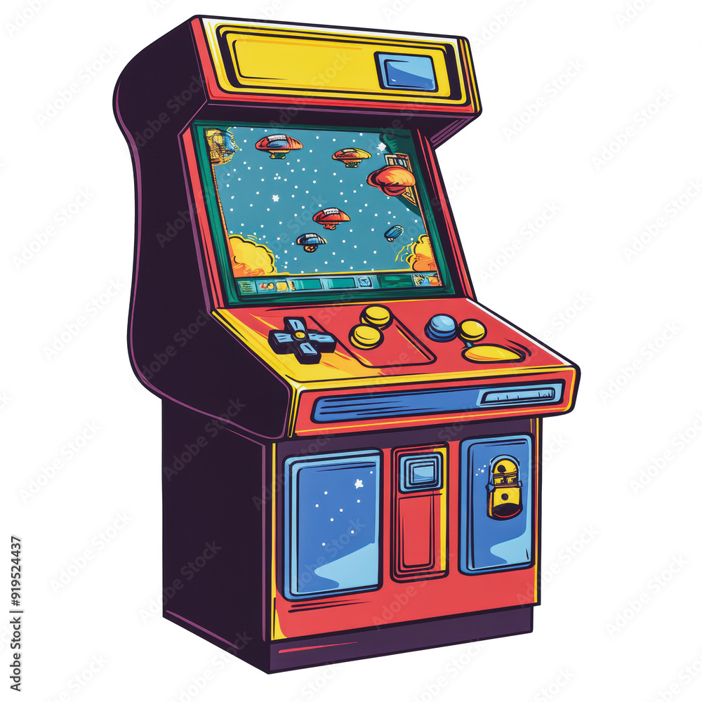 Poster png colorful arcade game machine in a retro style