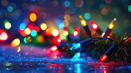 Nighttime Christmas lights on dark background with copy space and blurred lights