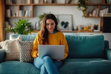 A young woman is sitting on a couch in her living room, working on her laptop. She is smiling and appears to be focused on her work.