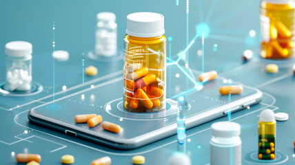 Modern digital healthcare concept showing bottles of medicine on a tablet with network connections symbolizing telemedicine and online prescriptions.