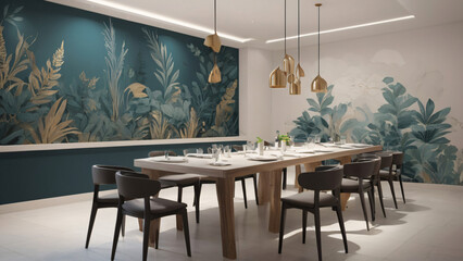 Fototapeta premium Restaurant Minimal interrior design with wall painting Calio graphic