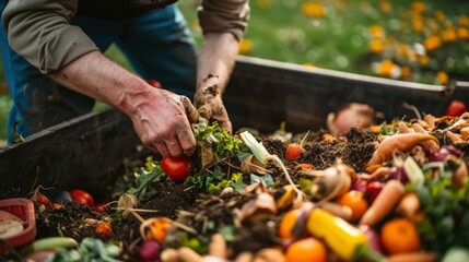 A man's hands adding vegetable scraps to a compost bin, promoting sustainable gardening and waste management practices.