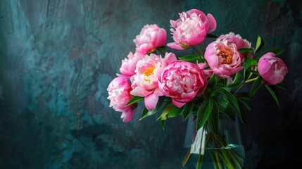 Peonies bouquet in vase against dark backdrop