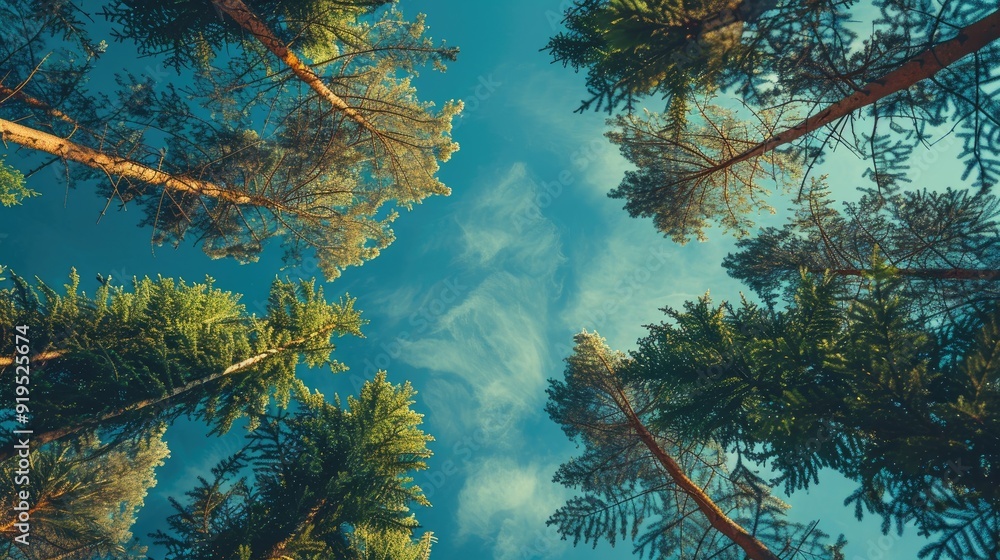 Poster pine and sky textures in a natural setting close up of christmas tree tops in forest emphasizing eco