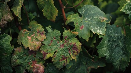 Phylloxera infected grape leaves in vineyard with space for editor s content