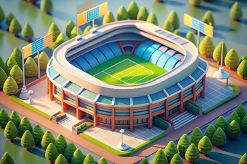 Vector isometric icon or infographic element representing low poly football or soccer stadium with cars and buses on the street
