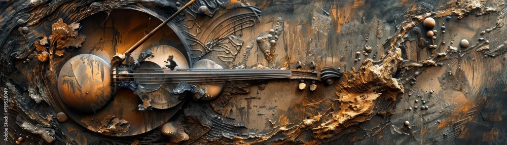 Poster abstract digital artwork depicting a violin with intricate textures and striking colors, creating a 