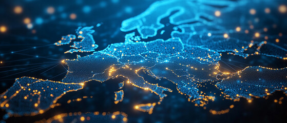 Digital map of the Europe illustrating Europe’s network connectivity, data transfer, and cyber technology. The concept emphasizes information exchange and telecommunications across the region