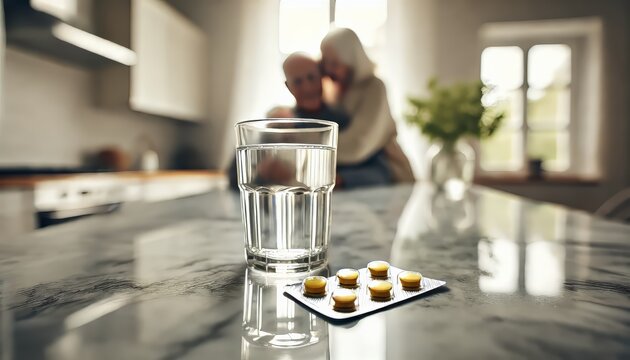 A glass of water and prescription pills on a countertop, with an elder person in the background, concept of healthcare and treatment - Powered by Adobe