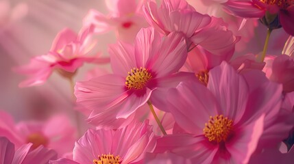 Fototapeta premium Pink Cosmos Flowers with Blooming Petals and Yellow Stamens Inside Bouquet