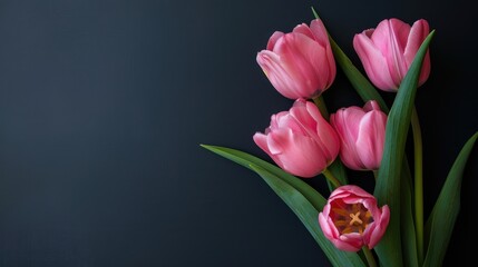 Obraz premium Pink tulips against dark background with space for text