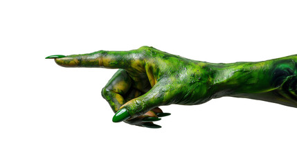 Obraz premium Green witch hand in green color pointing to the side, halloween theme, isolated on transparent. 