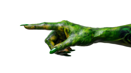 Green witch hand in green color pointing to the side, halloween theme, isolated on transparent. 