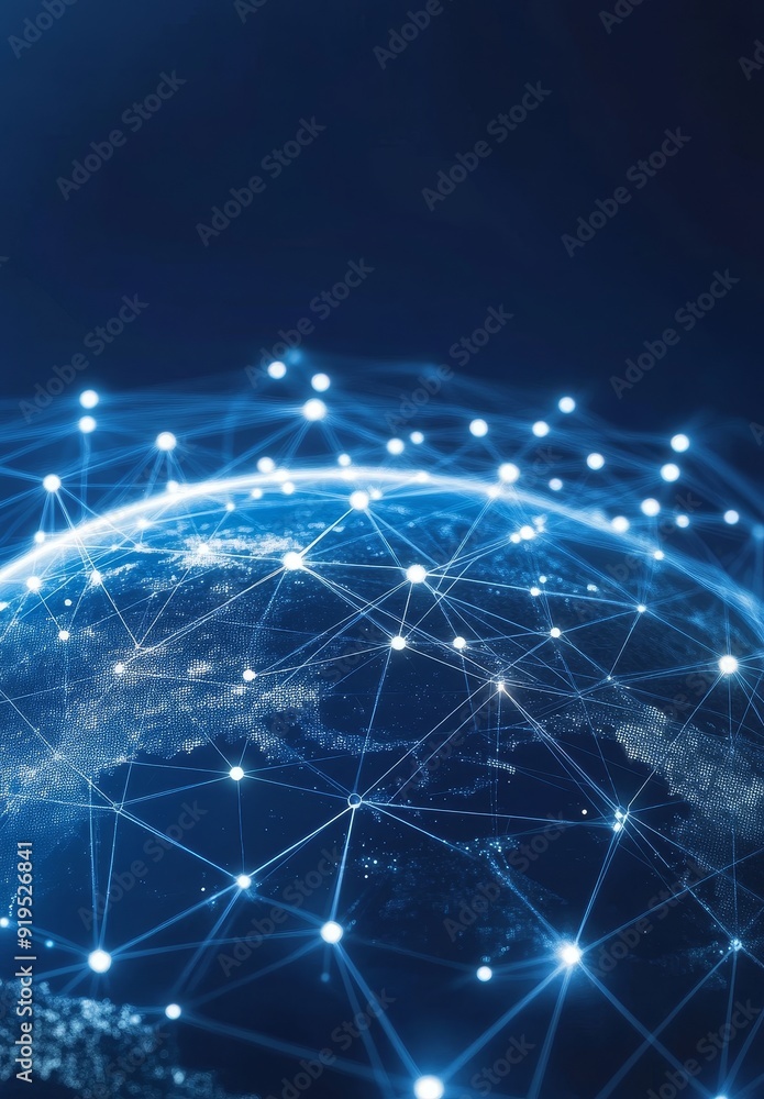 Poster blockchain technology futuristic hud background with world globe and polygon blockchain network peer