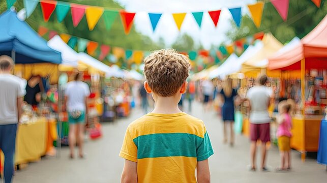 Children and adults participating in a Labor Day street fair, with local vendors, crafts, and performances, Labor Day, community festival