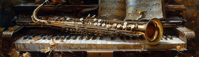 Obraz premium Vintage saxophone on a piano with autumn leaves and open music book, creating a nostalgic and artistic scene.