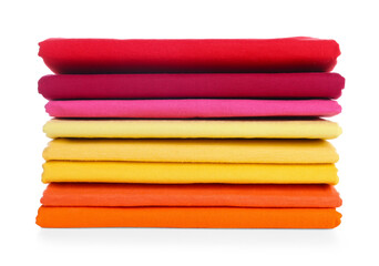 Stack of clean colorful t-shirts isolated on white