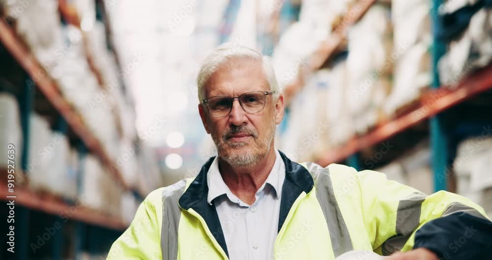 Sticker Distribution, mature man and helmet in factory for inspection, stock control or supply chain management. Cargo, supervisor and portrait with smile for maintenance, warehouse storage and export safety