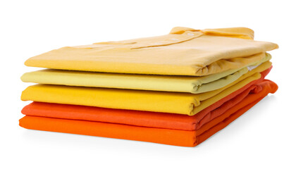 Stack of clean colorful t-shirts isolated on white
