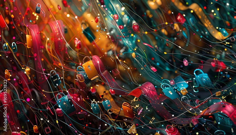 Poster colorful abstract background featuring vibrant, tangled lines and lights, creating a dynamic and fes